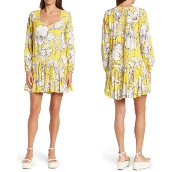WALTER BAKER Lilith Relaxed Long Sleeve Mini Dress in Yellow Floral Print Size L - Picture 1 of 10